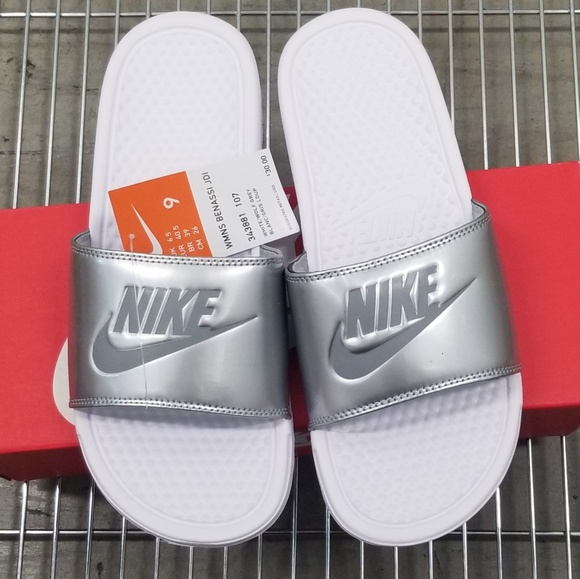 Nike Shoes - Nike Women's Benassi JDI White Metallic Wolf Grey Nike Shoes - Nike Women's Benassi JDI White Metallic Wolf Grey